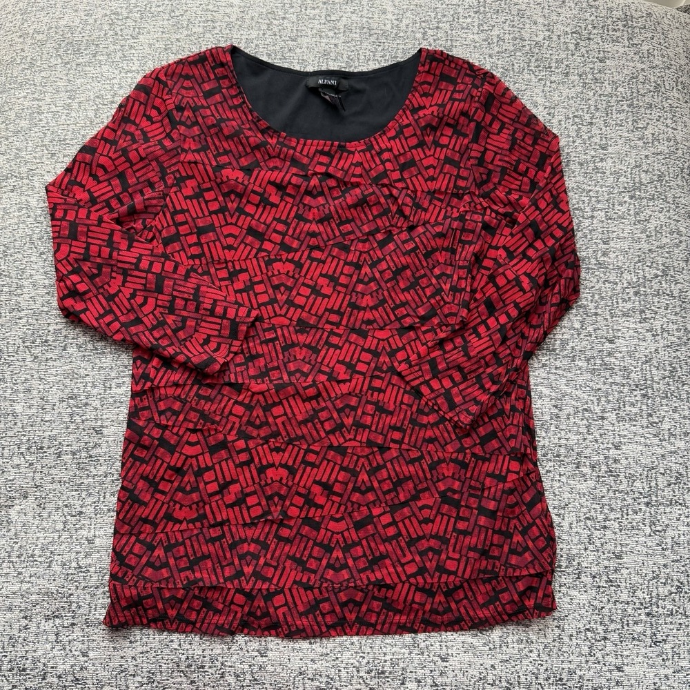 Alfani Red Black Geometric Print Blouse Women's Large Layered